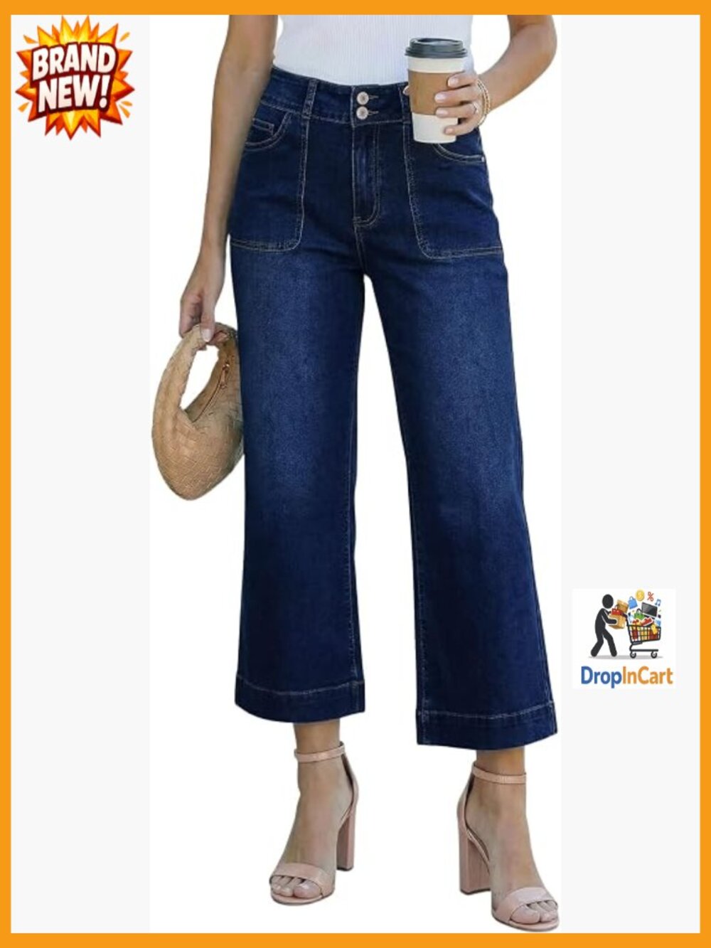 High Waisted Wide Leg Flare Cropped Jeans Stretchy Denim Pants with Pockets